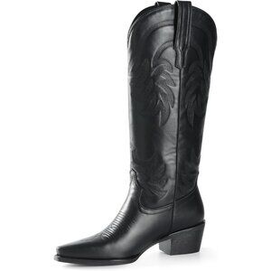 ⚡Women's Black Calf High Pointed Toe And Block Heel Suede And Faux Leather Boots